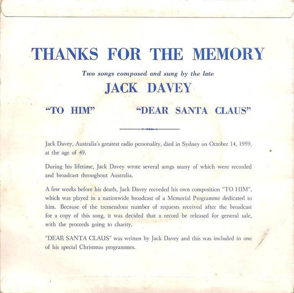 Jack Davey (3) : Thanks For The Memory (7")