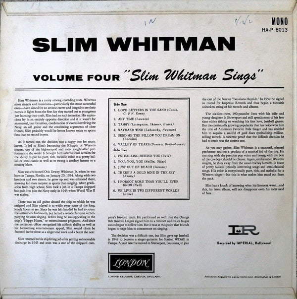 Slim Whitman : Slim Whitman Sings Volume 4 (LP, Mono)