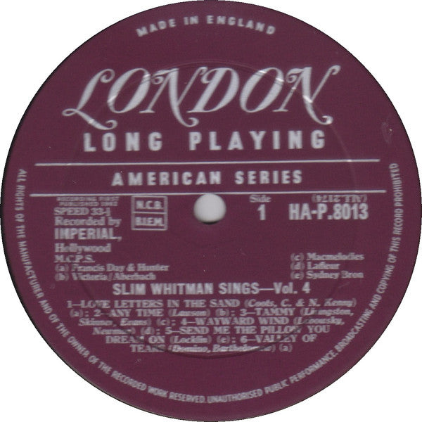Slim Whitman : Slim Whitman Sings Volume 4 (LP, Mono)