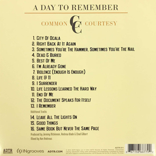 A Day To Remember : Common Courtesy (2xLP, Album, Ltd, Cre)