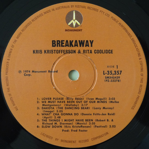 Kris Kristofferson & Rita Coolidge : Kris & Rita Breakaway (LP, Album)