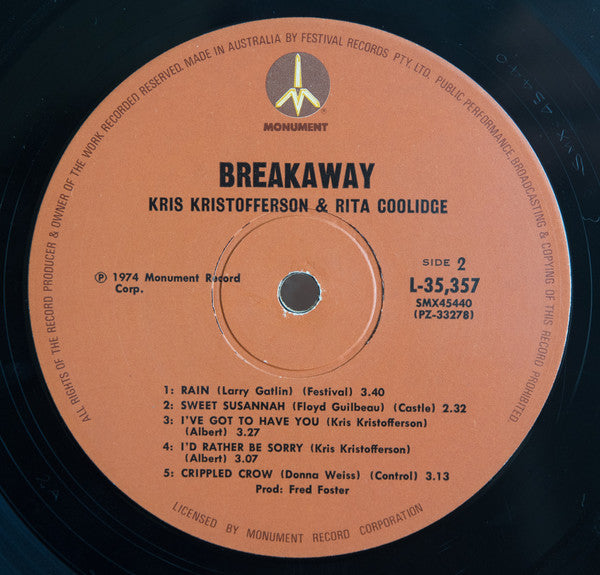 Kris Kristofferson & Rita Coolidge : Kris & Rita Breakaway (LP, Album)