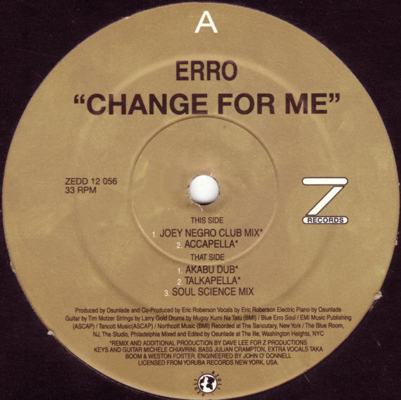 Osunlade Presents Erro : Change For Me (Joey Negro Remixes) (12")