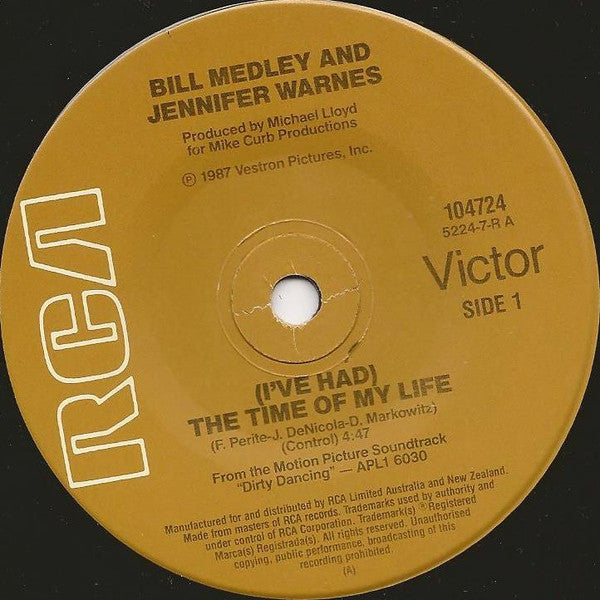 Bill Medley And Jennifer Warnes : (I've Had) The Time Of My Life (Love Theme) (7", Single)