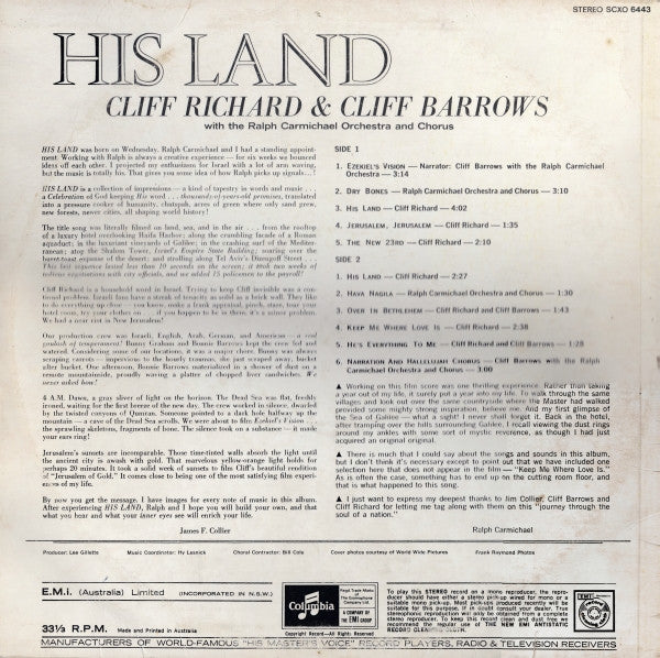 Cliff Richard & Cliff Barrows With Ralph Carmichael Orchestra And The Ralph Carmichael Singers : His Land (LP, Album)