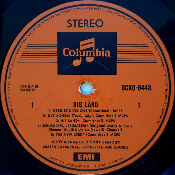 Cliff Richard & Cliff Barrows With Ralph Carmichael Orchestra And The Ralph Carmichael Singers : His Land (LP, Album)