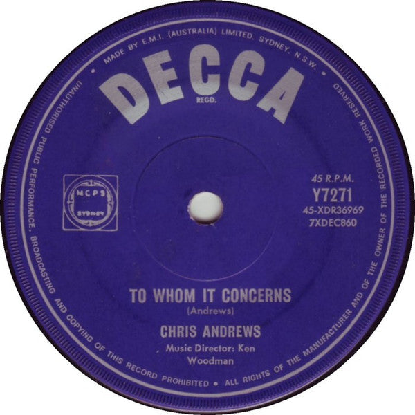 Chris Andrews (3) : To Whom It Concerns (7&quot;, Single)