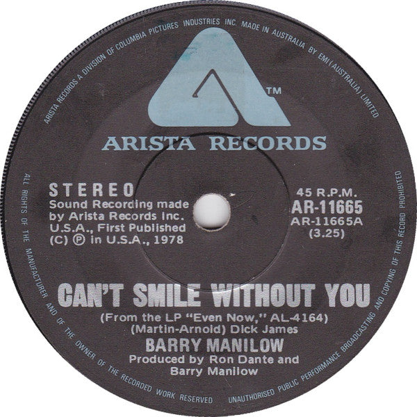 Barry Manilow : Can&#39;t Smile Without You / Sunrise (7&quot;, Single)