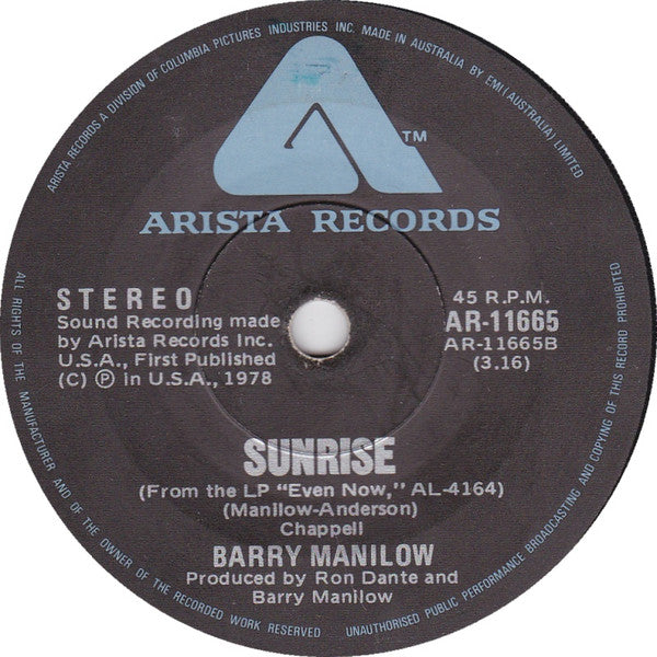 Barry Manilow : Can't Smile Without You / Sunrise (7", Single)