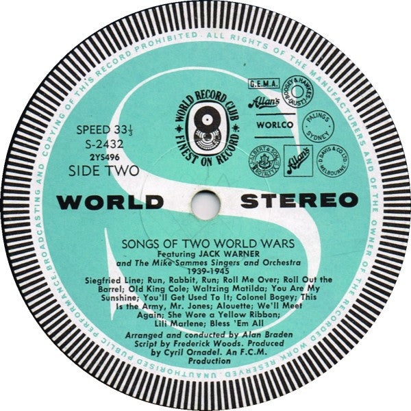 Jack Warner With Mike Sammes Orchestra And Singers : Songs Of Two World Wars (LP, Album, Club, RE)