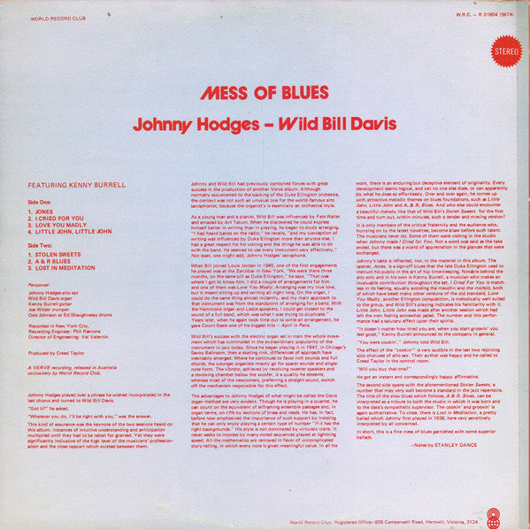 Johnny Hodges - Wild Bill Davis : Mess Of Blues (LP, Album, Club)