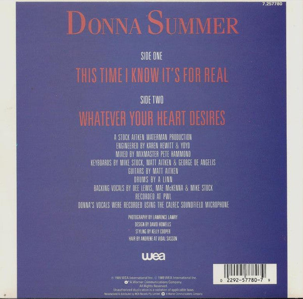 Donna Summer : This Time I Know It's For Real (7", Single)