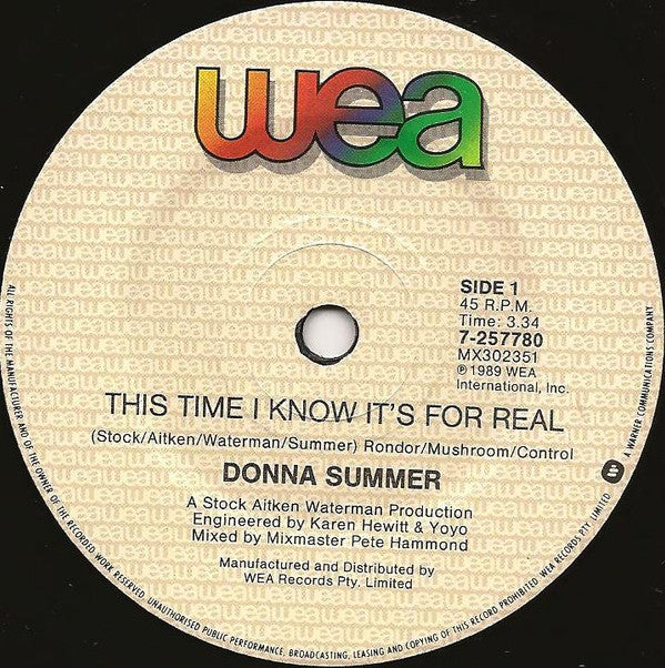 Donna Summer : This Time I Know It's For Real (7", Single)
