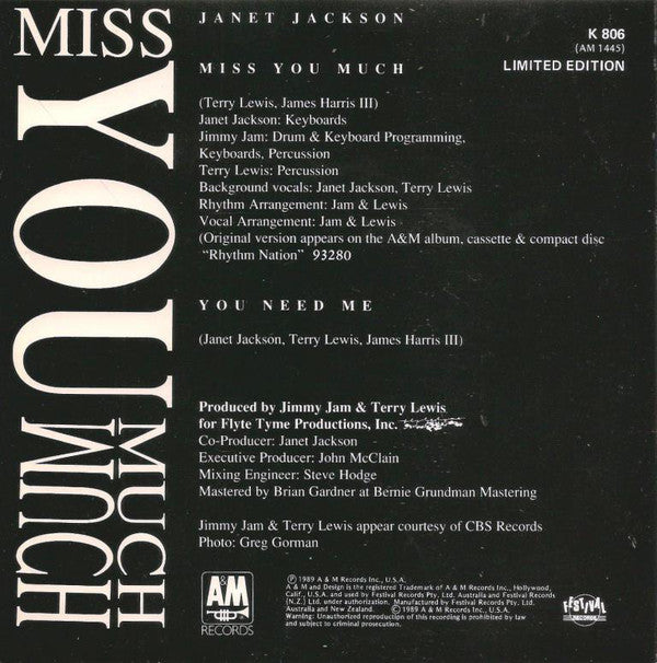 Janet Jackson : Miss You Much (7", Single, Ltd)