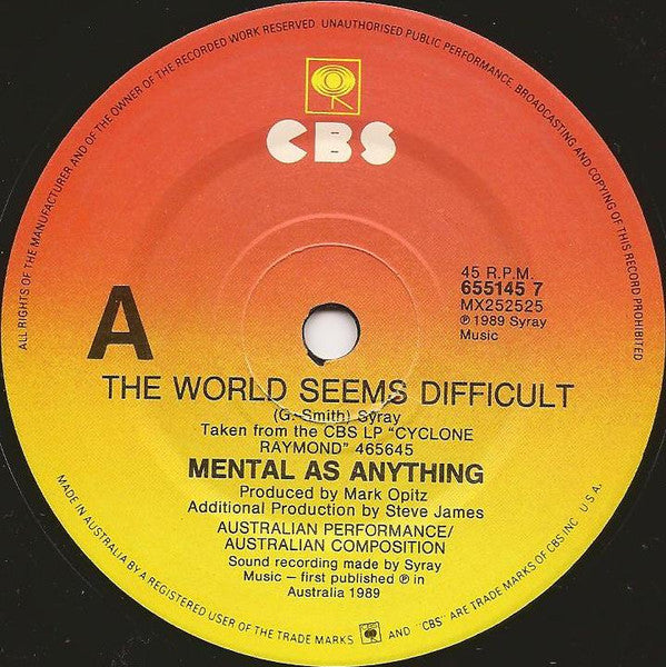 Mental As Anything : The World Seems Difficult (7", Single)
