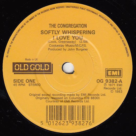 Congregation (2) / David &amp; Jonathan : Softly Whispering I Love You / Lovers Of The World Unite (7&quot;, Single, Mono, RE)