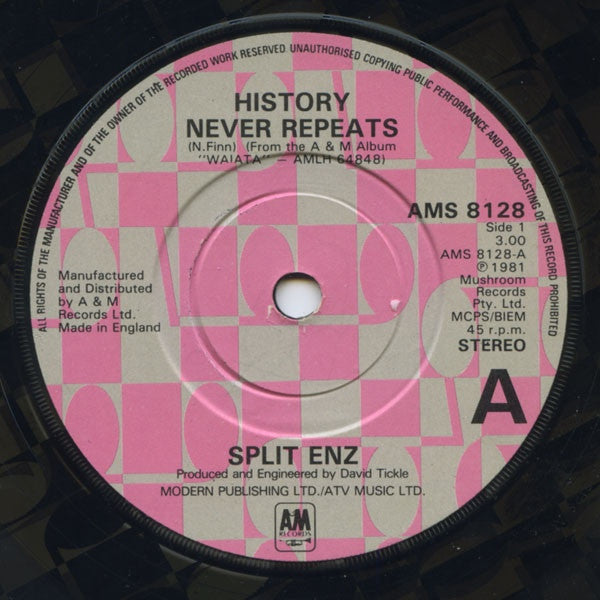 Split Enz : History Never Repeats (7", Single, Etch)