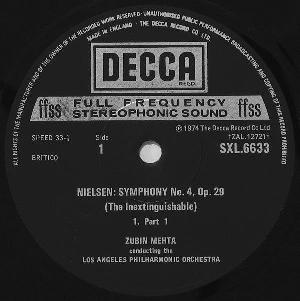 Carl Nielsen, Zubin Mehta . Los Angeles Philharmonic Orchestra : Symphony No.4 (The Inextinguishable) (LP)