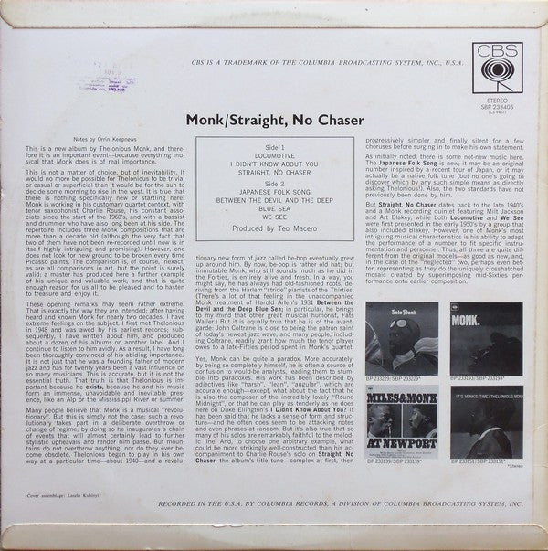 Thelonious Monk : Straight, No Chaser (LP, Album)