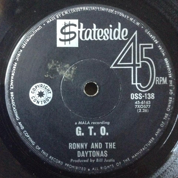 Ronny & The Daytonas : G.T.O. / Hot Rod Baby (7")