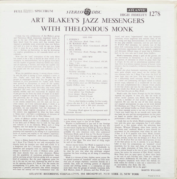 Art Blakey & The Jazz Messengers With Thelonious Monk : Art Blakey's Jazz Messengers With Thelonious Monk (LP, Album, Mono, RE, Pre)