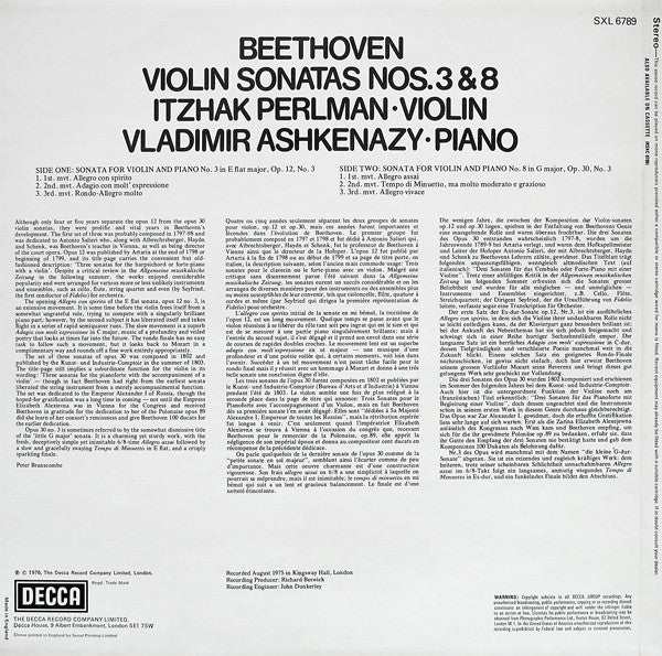 Ludwig van Beethoven, Itzhak Perlman, Vladimir Ashkenazy : Violin Sonatas Op.12, No.3 & Op.30, No.3 (LP)
