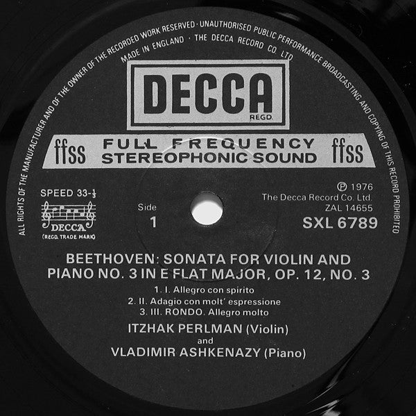 Ludwig van Beethoven, Itzhak Perlman, Vladimir Ashkenazy : Violin Sonatas Op.12, No.3 & Op.30, No.3 (LP)