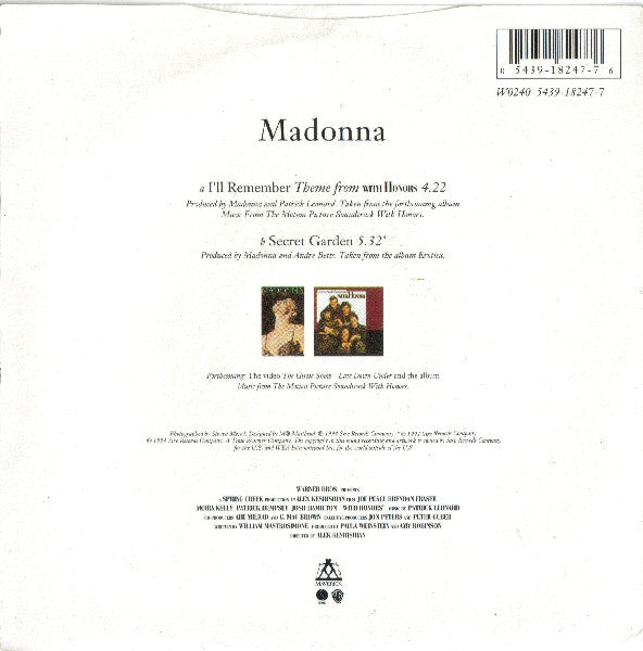 Madonna : I'll Remember (Theme From With Honors) (7", Single, Yel)