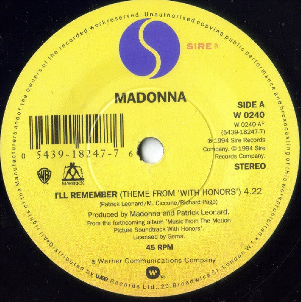 Madonna : I'll Remember (Theme From With Honors) (7", Single, Yel)