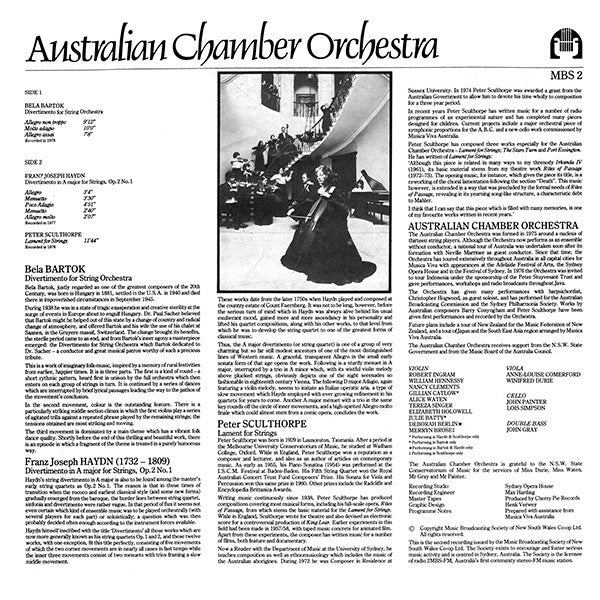 Australian Chamber Orchestra - Béla Bartók / Joseph Haydn / Peter Sculthorpe : Divertimento For String Orchestra / Divertimento In A Major For Strings, Op. 2 No. 1 / Lament For Strings (LP, Album)