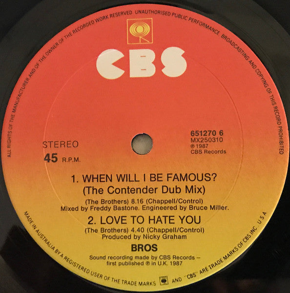 Bros : When Will I Be Famous? (12")