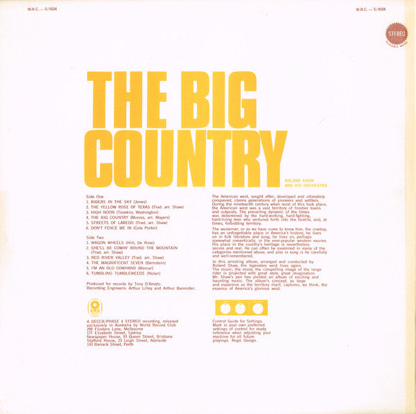 The Roland Shaw Orchestra : The Big Country (LP, Album, Club)