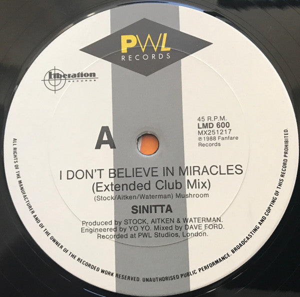 Sinitta : I Don't Believe In Miracles (Merlin's Magical Mix) (12", Single)
