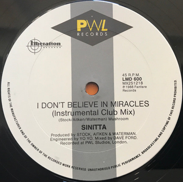 Sinitta : I Don't Believe In Miracles (Merlin's Magical Mix) (12", Single)