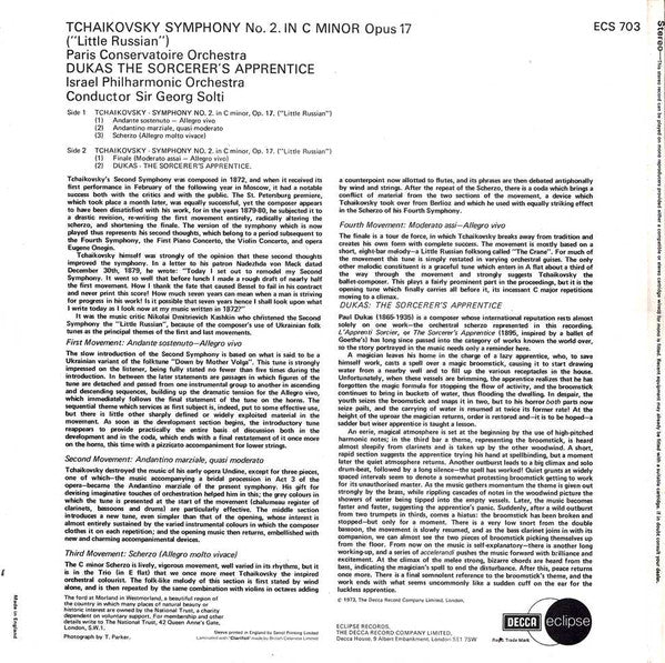 Pyotr Ilyich Tchaikovsky / Paul Dukas - Orchestre De La Société Des Concerts Du Conservatoire, Israel Philharmonic Orchestra, Georg Solti : Symphony No. 2, ("Little Russian") / The Sorcerer's Apprentice (LP, Comp)