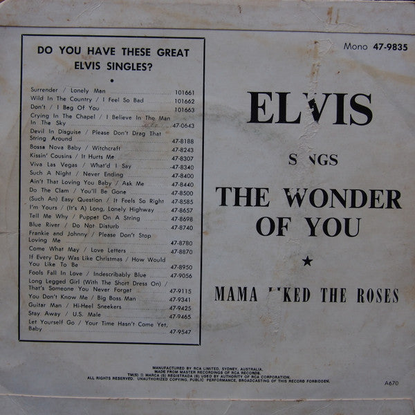 Elvis Presley : The Wonder Of You / Mama Liked The Roses (7", Single, Mono)