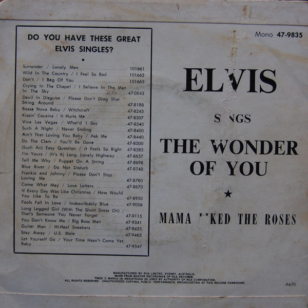 Elvis Presley : The Wonder Of You / Mama Liked The Roses (7", Single, Mono)