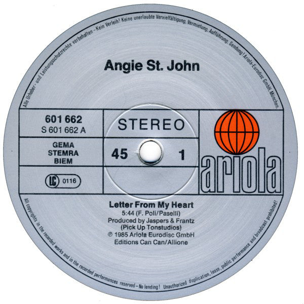 Angie St. John : Letter From My Heart (12", Maxi)