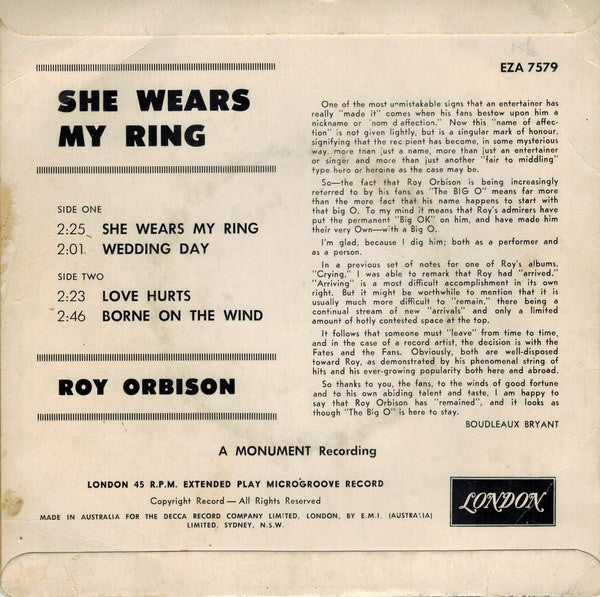 Roy Orbison : She Wears My Ring (7", EP, Mono)