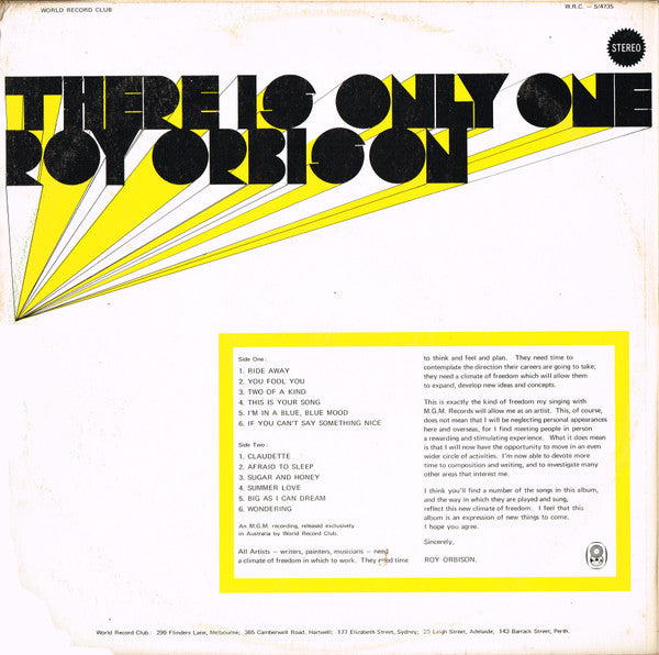 Roy Orbison : There Is Only One Roy Orbison (LP, Album, Club)