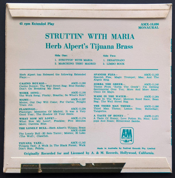 Herb Alpert & The Tijuana Brass : Struttin' With Maria (7", EP, RE)