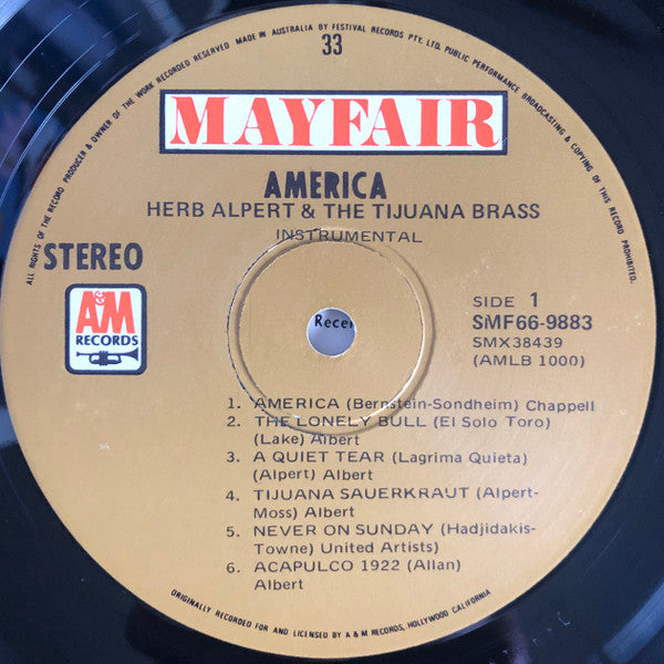 Herb Alpert & The Tijuana Brass : America (LP, Comp)