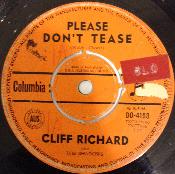 Cliff Richard & The Shadows : Please Don't Tease (7", Single)