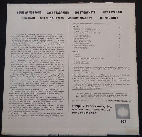 Louis Armstrong * Jack Teagarden And The V-Disc All Stars : Midnight At V-Disc (LP, Comp, Ora)