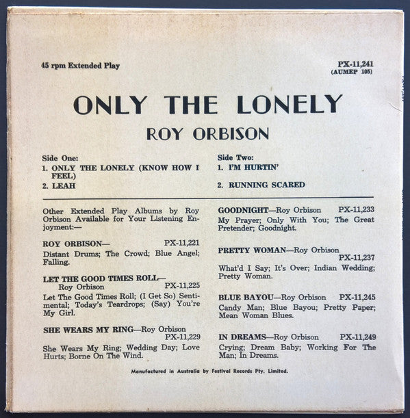 Roy Orbison : Only The Lonely (7", EP)