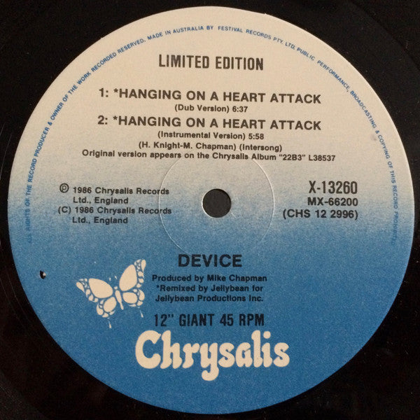 Device (2) : Hanging On A Heart Attack (12", Single, Ltd)