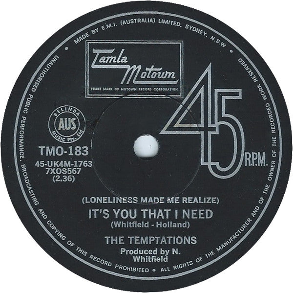 The Temptations : (Loneliness Made Me Realize) It's You That I Need / Don't Send Me Away (7", Single)