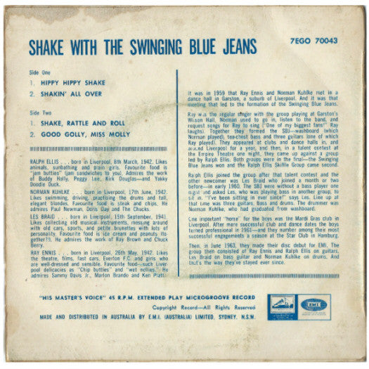 The Swinging Blue Jeans : Shake With The Swinging Blue Jeans (7", EP)