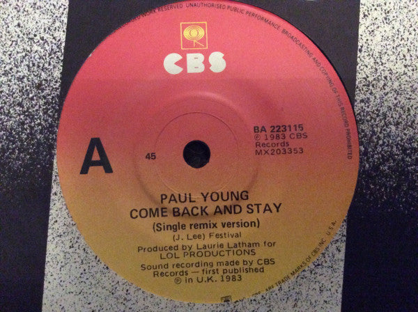 Paul Young : Come Back And Stay (Single Remix Version) (7&quot;, Single)