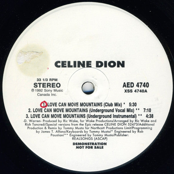 Celine Dion* : Love Can Move Mountains (12", Promo)